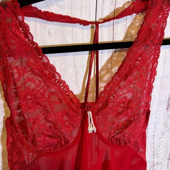 Vintage Elegant Red Rose Patterned Embroidered Lace Babydoll Lingerie Slip XL - Picture 3 of 7